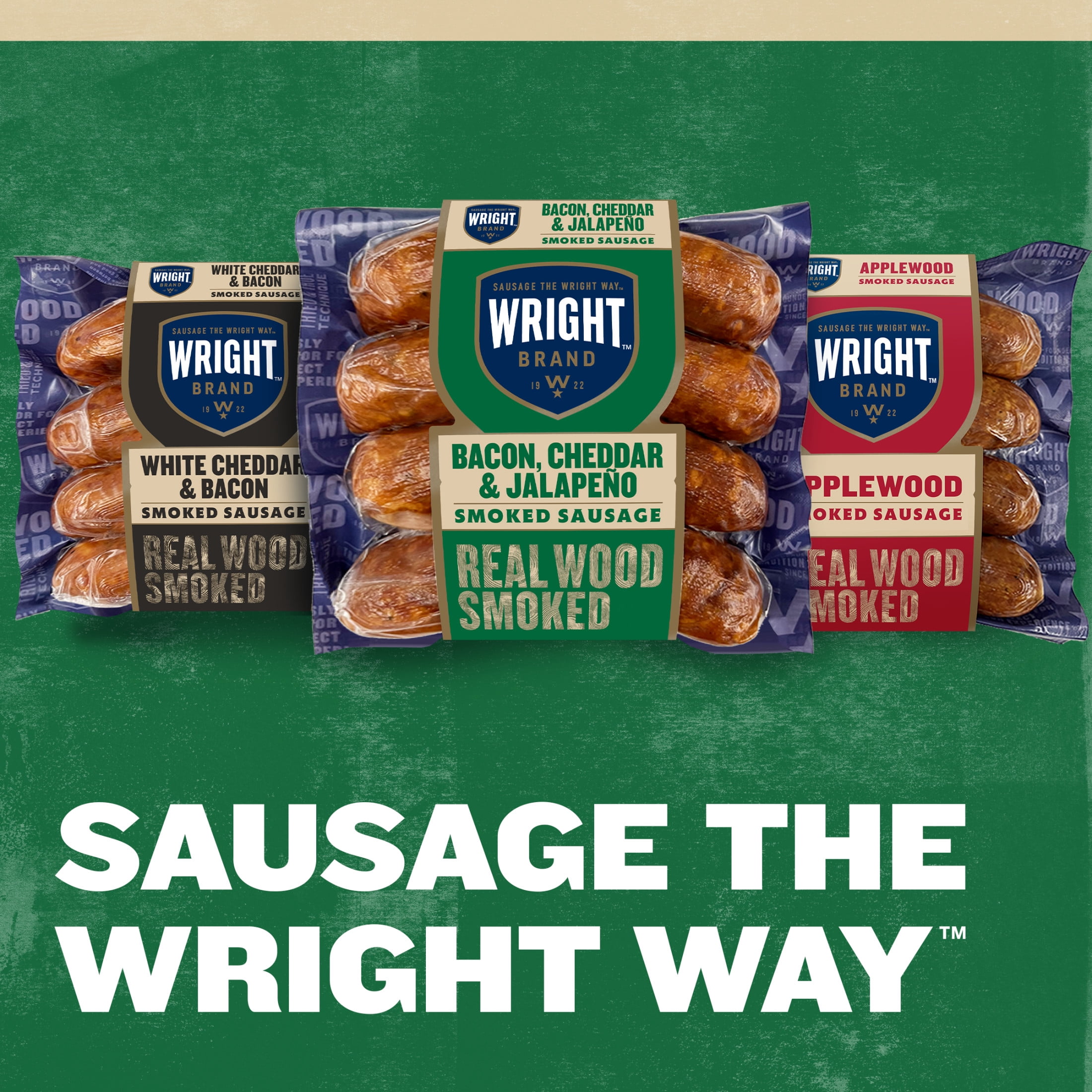 Wright Brand Real Wood Smoked Bacon, Cheddar & Jalapeño Smoked Sausage, 12 oz, 4 Count