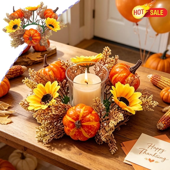 9.8in Fall Candle Ring Wreath, Artificial Pumpkin Sunflower Maple Leaf Candle Holder Garland, Halloween Decor,Faux Autumn Harvest Candle Ring, Indoor Tabletop Thanksgiving Farmhouse Centerpiece Decor