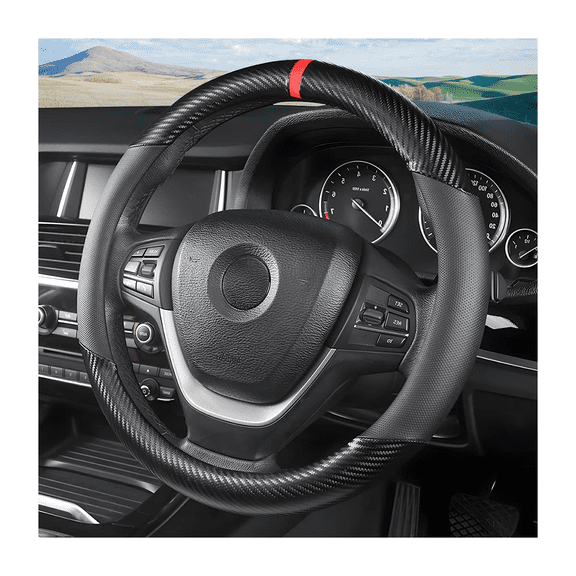 Carbon Fiber Steering Wheel Cover, Universal 15 inch Breathable Anti Slip, Black, Leather & Carbon Fiber, Truck & SUV, Automotive Steering Wheel Covers