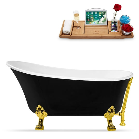 59" Streamline N344GLD-GLD Clawfoot Tub and Tray With External Drain
