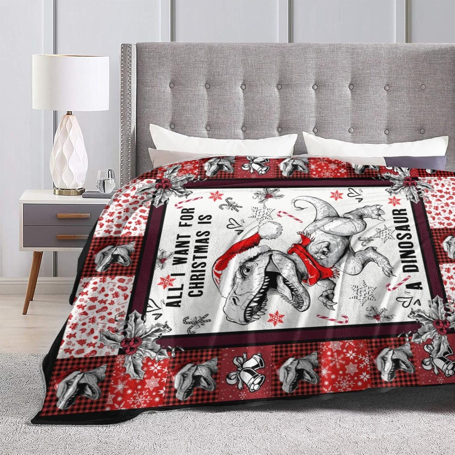 Christmas Dinosaur Blanket Cute Dinosaur Flannel Plush Throw Blanket Cozy Dinosaur Decor Fleece Bedding Stuff Blanket Gifts for Dinosaur Lover Girls Boys Kids Adults Women Bed Travel 60"x80"