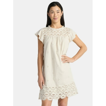 Time and Tru Women's Eyelet Mini Dress with Flutter Sleeves, Sizes XS-XXXL