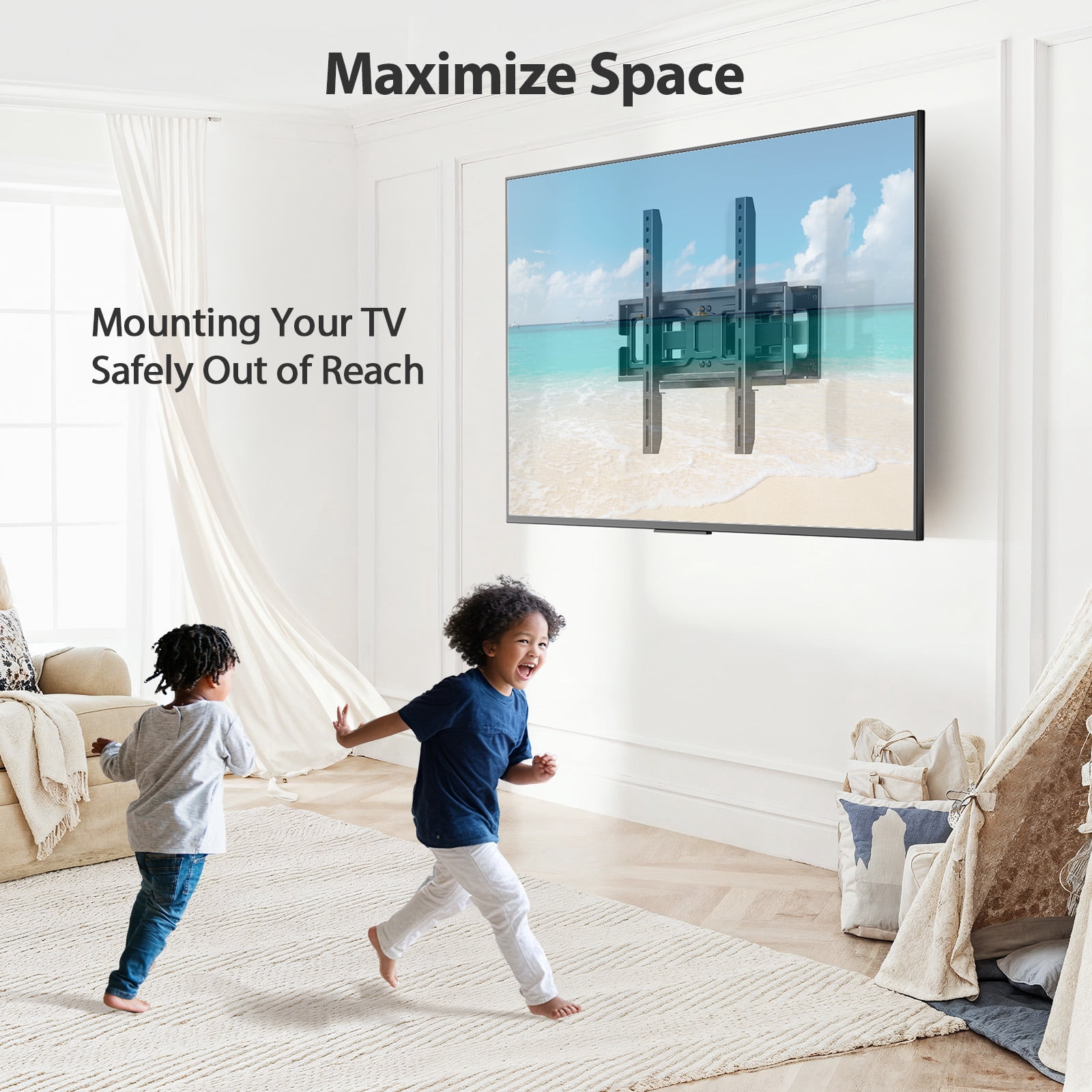 MountFTV Full Motion TV Wall Mount for 26-65 inch TVs Holds up to 110 lbs Swivels Tilts Extension Leveling, Max 400 x 400mm, Fits 8"/12/16" Wood Stud