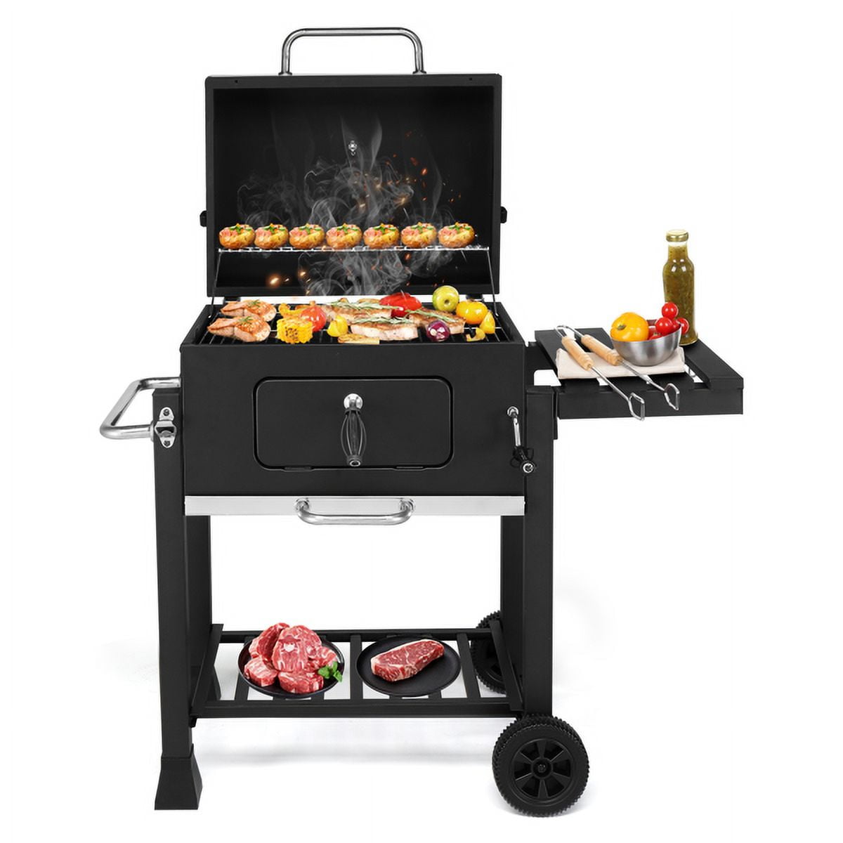 Heavy-Duty Charcoal Grill - Spacious Cooking Area, Height-Adjustable Charcoal Pan, Foldable Side Table & Wheels, for Backyard/Gatherings