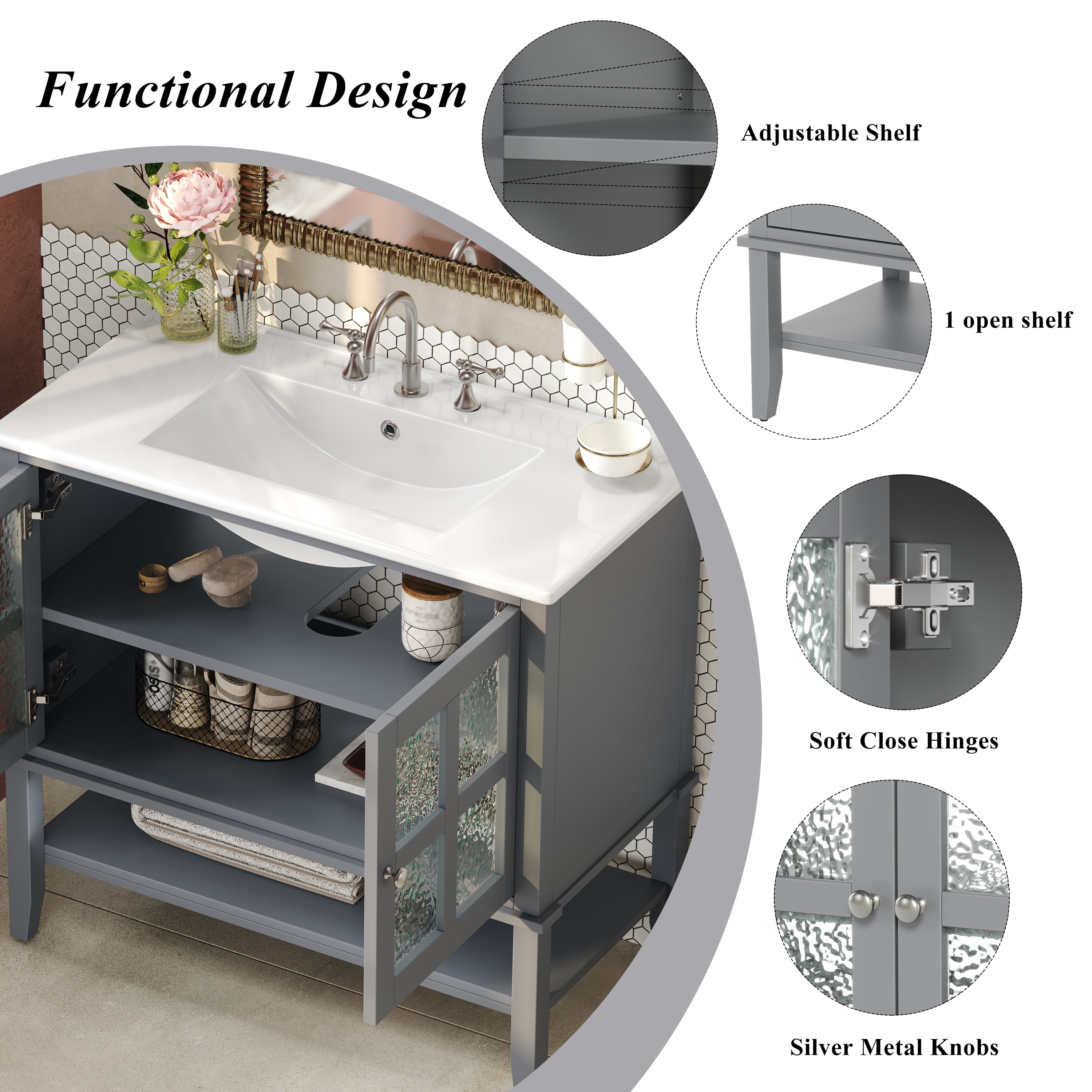 Euroco 36" Bathroom Vanity with Ceramic Sink, Textured Glass Doors, Solid Wood Legs, and Open Shelf – Modern Storage Solution