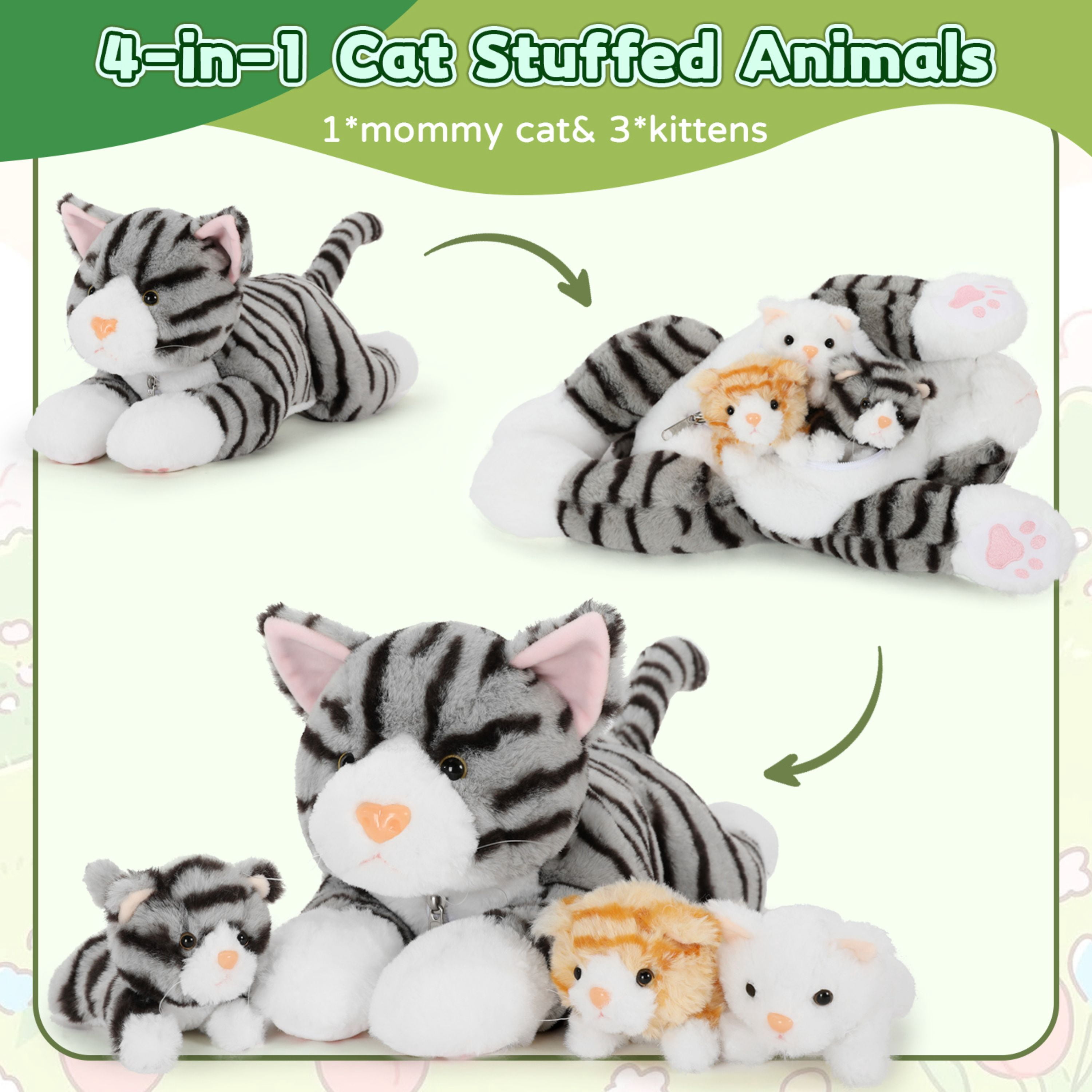 Tezituor 4Pcs Cat Stuffed Animal 16.5" Giant Cat Plush with 3 Babies Plush Toy
