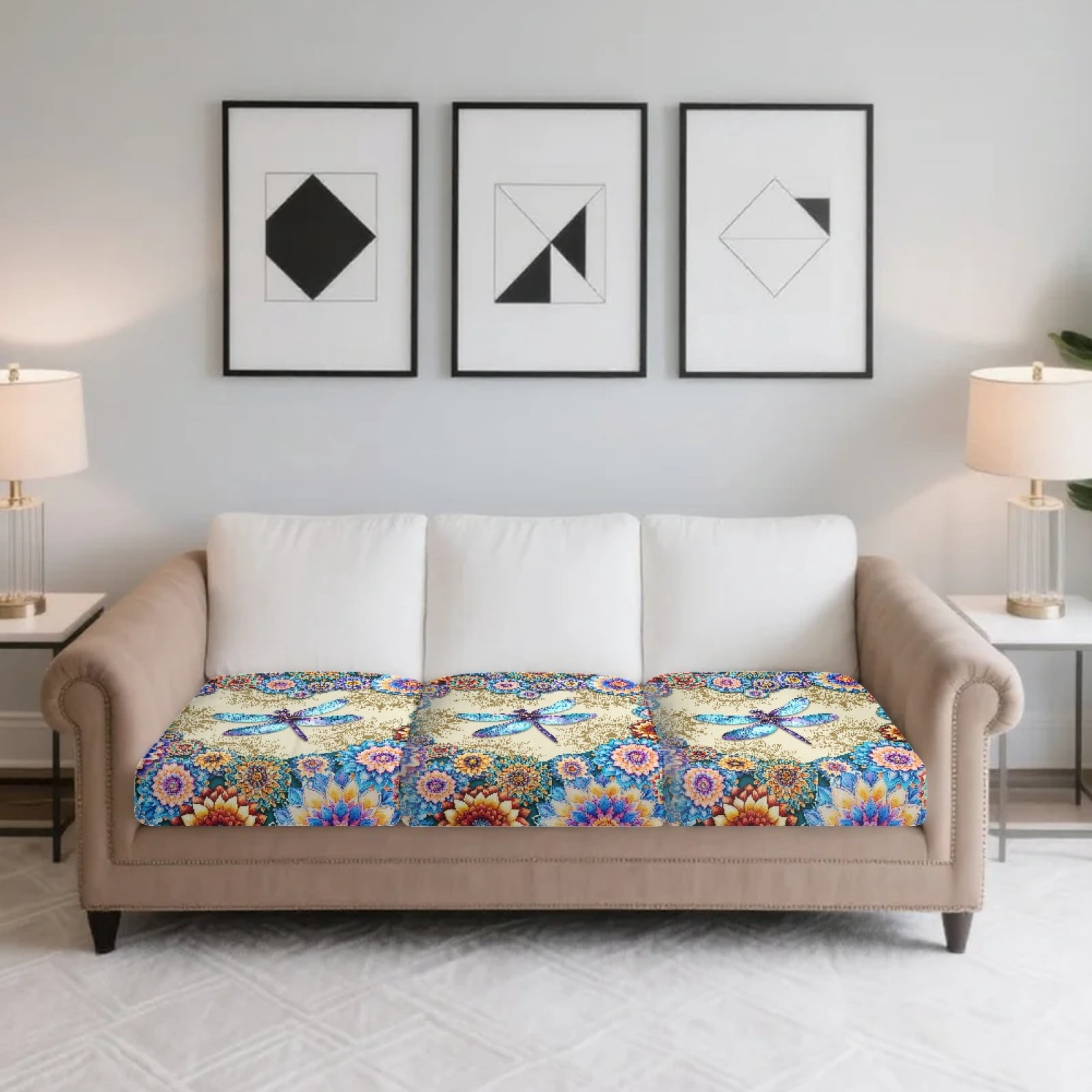 Xoenoiee Boho Mandala Marble Print 3 Pieces Couch Cushion Covers Stretch Sofa Covers Washable Couch Covers Non-Slip Individual Seat Cushion Slipcovers