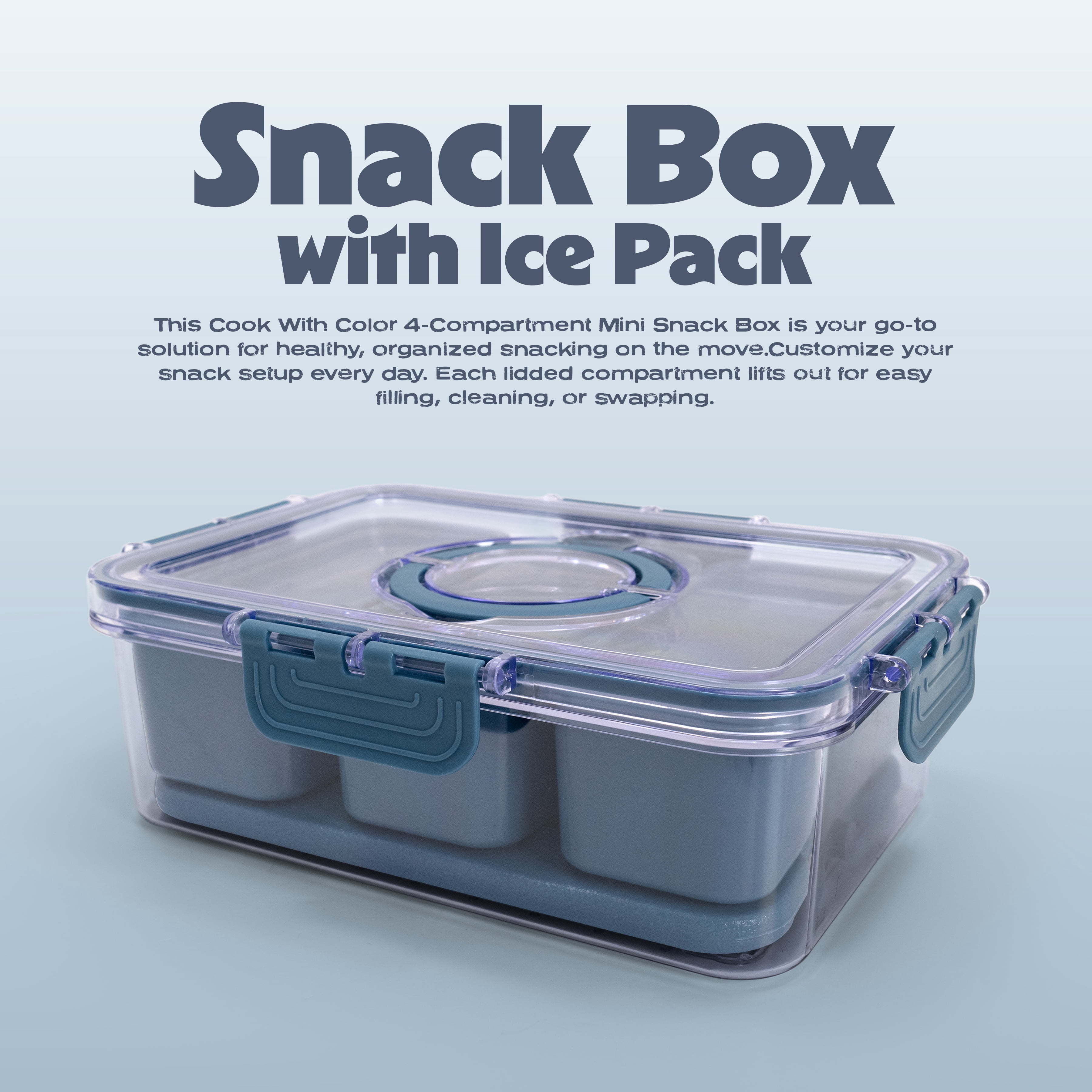 (3 pack) Cook with Color 3-Compartment Snack Box with Removable Ice Pack, Portable Food Storage with Locking Lid and Handle, Blue