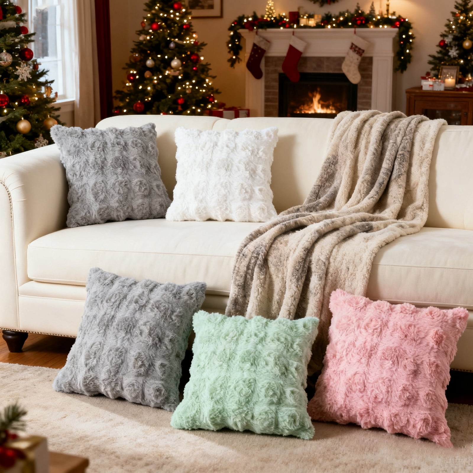 Sanmadrola Pillow Covers 18x18 Fluffy Faux Rabbit Fur Decorative Throw Pillows Case, Shaggy Decorative Cushion Covers for Sofa, Bedroom, Living Room, Cozy Home Décor, Set of 2