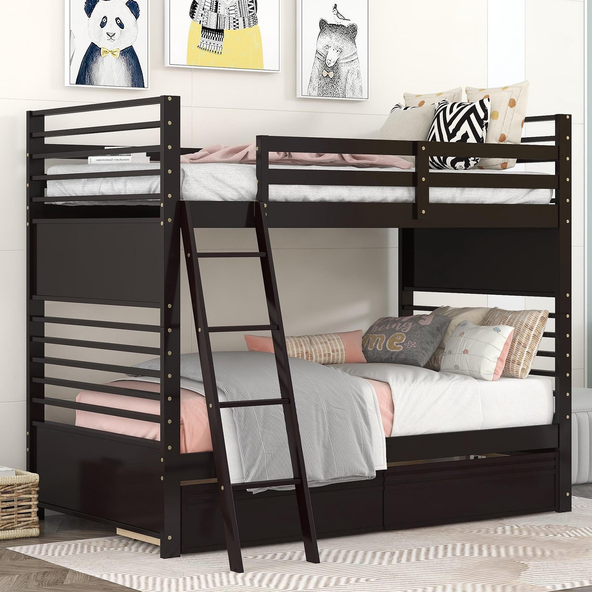 UWRNite Twin Over Twin Bunk Beds with Storage Drawers, Solid Wood