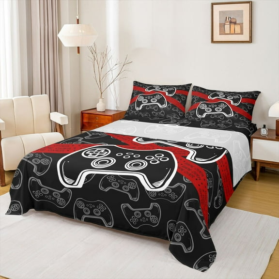 Homewish Modern Game Player Twin Sheet Sets for Kids, Black Red Game Console Twin Fitted Sheet, Cartoon Gamepad Flat Sheet, Ultra Soft Bedroom Decor, 3pcs