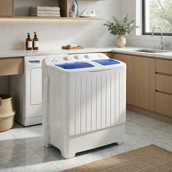 Resenkos 20 lb Compact Twin Tub Washing Machine – White & Blue, 12 lb Wash / 8 lb Spin, Portable Laundry Washer for Dorms, Apartments, RVs & Small Spaces