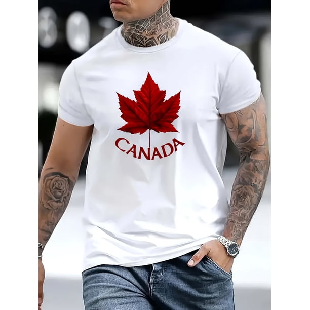 Men's Canada Print Versatile Crew Neck Short Sleeve Shirt, Regular Fit, Comfy Slight Stretch Tee, Perfect For Summer Weekend Casual Wear, Casual Sporty Tee, Comfy Tee