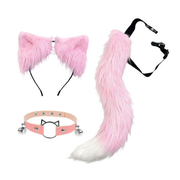 3 piezas de orejas y cola de animales para disfraz de fiesta elegante, orejas de peluche, diadema para el cabello para baile de graduación Rosa Blanco