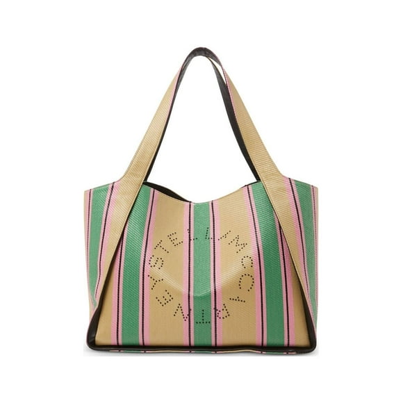 STELLAMCCARTNEY Women's Green Striped Removable Pouch Included Logo Double Flat Strap Tote Handbag Purse