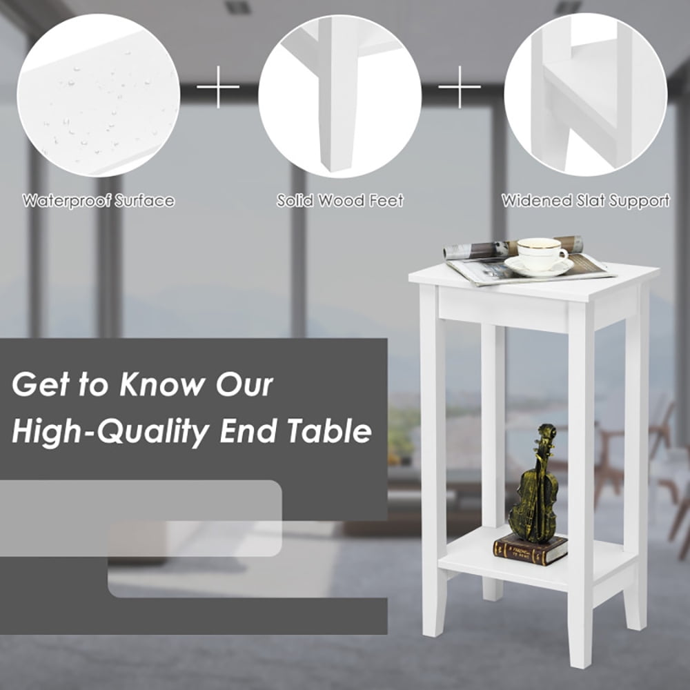 Finihen End Side Table, Bed and Sofa Side Table, 2-Tier Nightstand End Side Wooden Legs Table, for Living Room, Bedroom, White