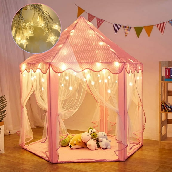 Princess Tent for Girls, Pink Castle Tent with String Light Indoors Outdoor Foldable Playhouse for Kid Age 3-12 Years