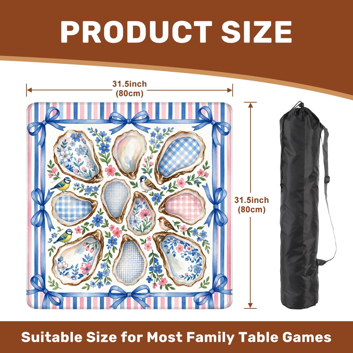 Mahjong Mat 31.5" x 31.5" Oyster Watercolor Floral Gingham Seashells Birds Pink Blue Stripe Non-Slip Noise Reduction American Mahjong Tiles Table Cover for Dominoes Poker Card Board Games Gift