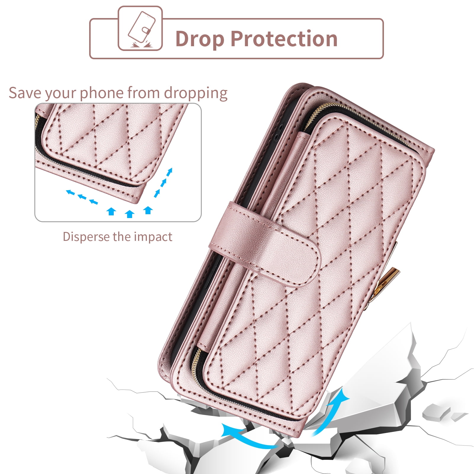 Furiet Argyle Wallet Case for Samsung Galaxy Z Fold 6 5G 2024 with Wrist/Shoulder Strap Card Slot Zipper Purse Luxury PU Leather Stand Cell Phone Cover for ZFold6 Z6 G Fold6 6Z Girls Rose Gold