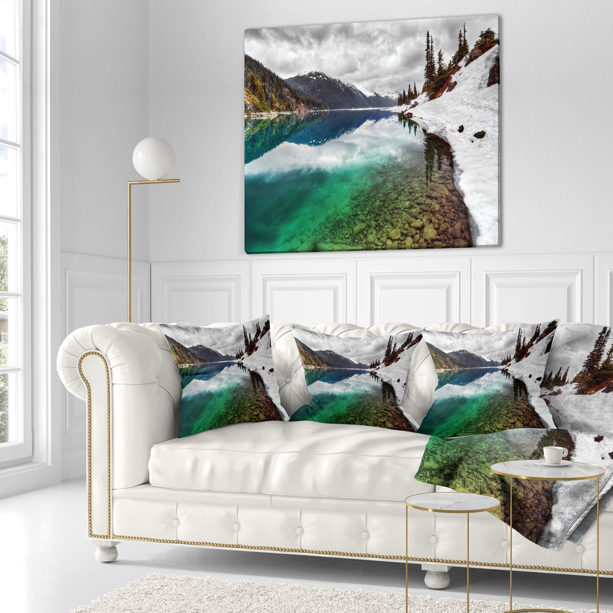 Designart Clear Lake Pine Trees and Mountains - Landscape Printed Throw Pillow - 18x18