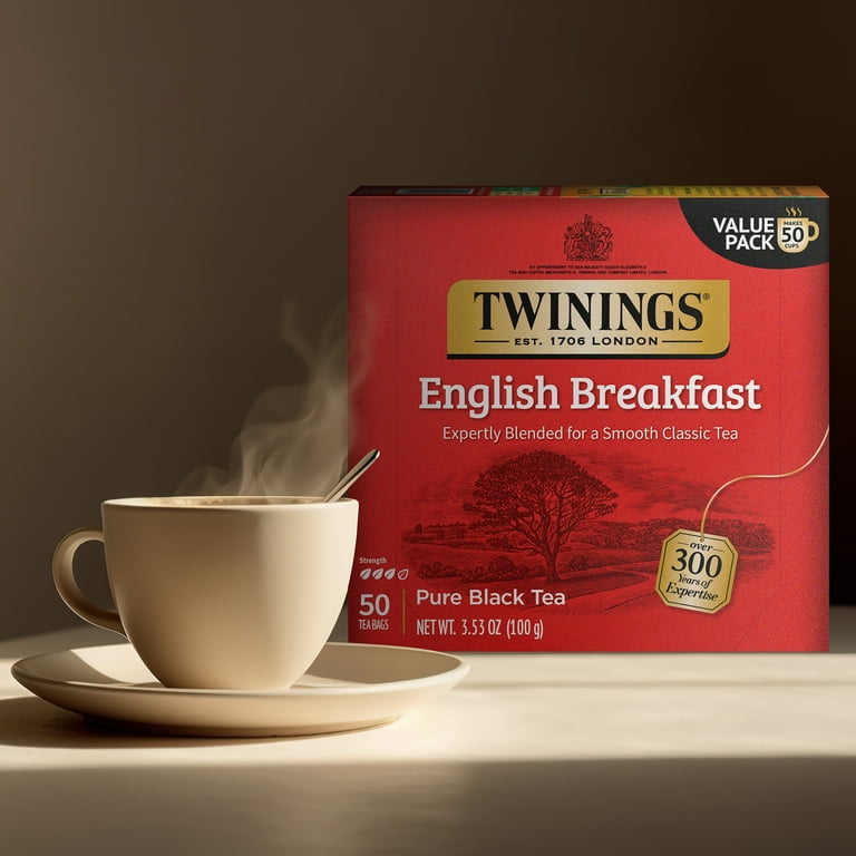 Twinings English Breakfast Individually Wrapped Tea Bags, 50 Count Pack of  6, Flavourful, Robust Caffeinated Black Tea