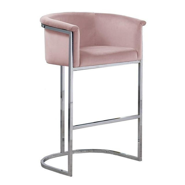 Tabouret de Bar en Velours Rose (Unité) avec Base en Métal Chromé Argenté