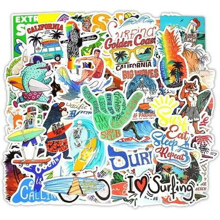 Vinyl Surfboard Stickers Surfing Sports Stickers 50 Pcs Laptop Surfing Stickers Pack Waterproof Surfing Decals for Surfboard Water Bottle Laptops