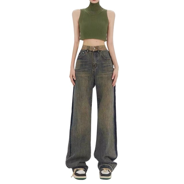 Bmisegm Pantalon en Denim Décontracté pour Femme, Style Serpillière Rétro, Haute Rue, Bord Jaune Teinté Boue, Jambe Grand, Droit, Y2K, Jeans pour Femmes, Kaki, TTTTG