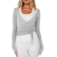 thumbnail image 5 of Stichou Womens Ballet Wrap Top Long Sleeve Tie Front Workout Cover Up Pilates Yoga Tops Y2k Fairy Fashion Shirt Going Out Light Gray S, 5 of 5