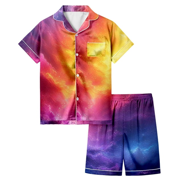 Ensemble de Pyjamas en Satin pour Garçons Manches Courtes Imprimé Pyjamas Boutonnés Ensemble de Pyjamas Classiques Pyjamas Garçons Filles Mode