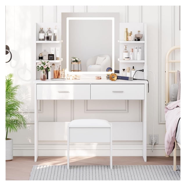 Makeup Vanity Set with 3 Light Modes & Power Outlet | Includes Stool, 2 Drawers & Open Shelves