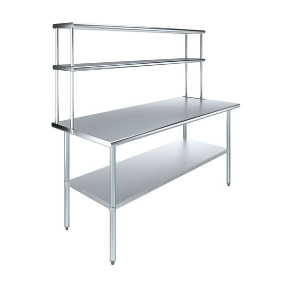 AmGood 30" x 72" Stainless Steel Work Table With 12" Wide Double Tier Overshelf | Metal Kitchen Prep Table & Shelving Combo