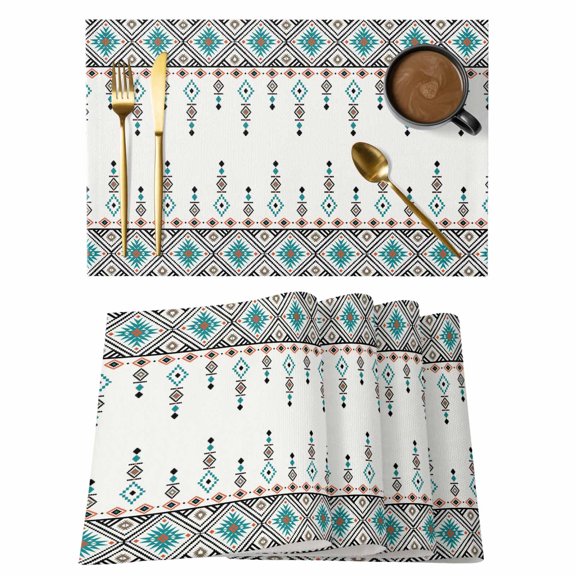 Teal Black Boho Placemats Set of 8, Vintage Ethnic Tribe Abstract Art Retro Placemats for Dining Table, Place Mats for Kitchen Tabletop, Waterproof Wipeable Dining Table Mats Set