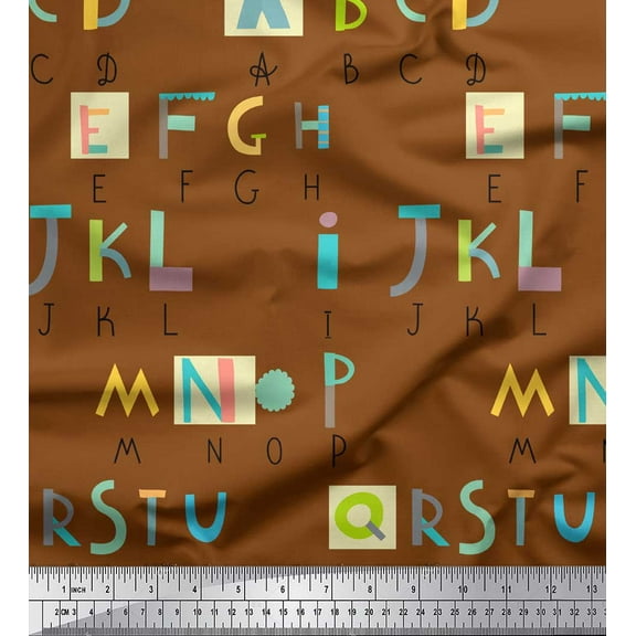 Soimoi Brown Poly Georgette Fabric Colorful Alphabets Text Print Fabric by Yard 42 Inch Wide