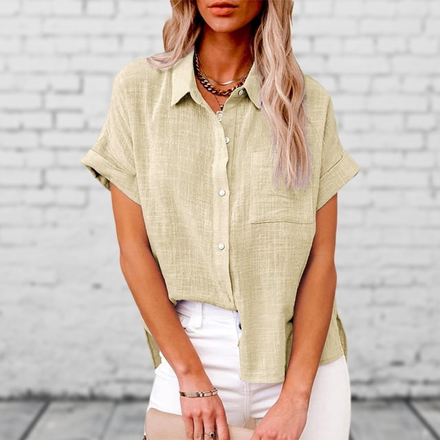 Camisa Blusa básica de mujer Algodón Lino Blusa de verano Top Casual Color sólido Traje diario Ygjytge Beige T XXL para Mujer