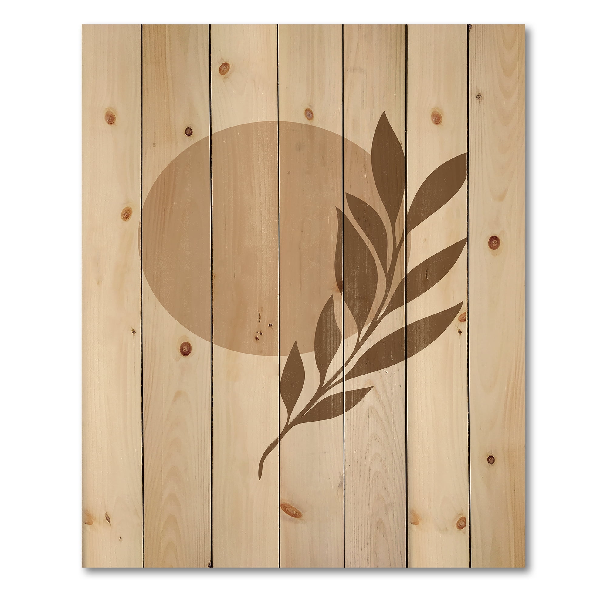 Designart 'Abstract Terracotta Moon and Sun With Tropical Leaf' Modern Print on Natural Pine Wood