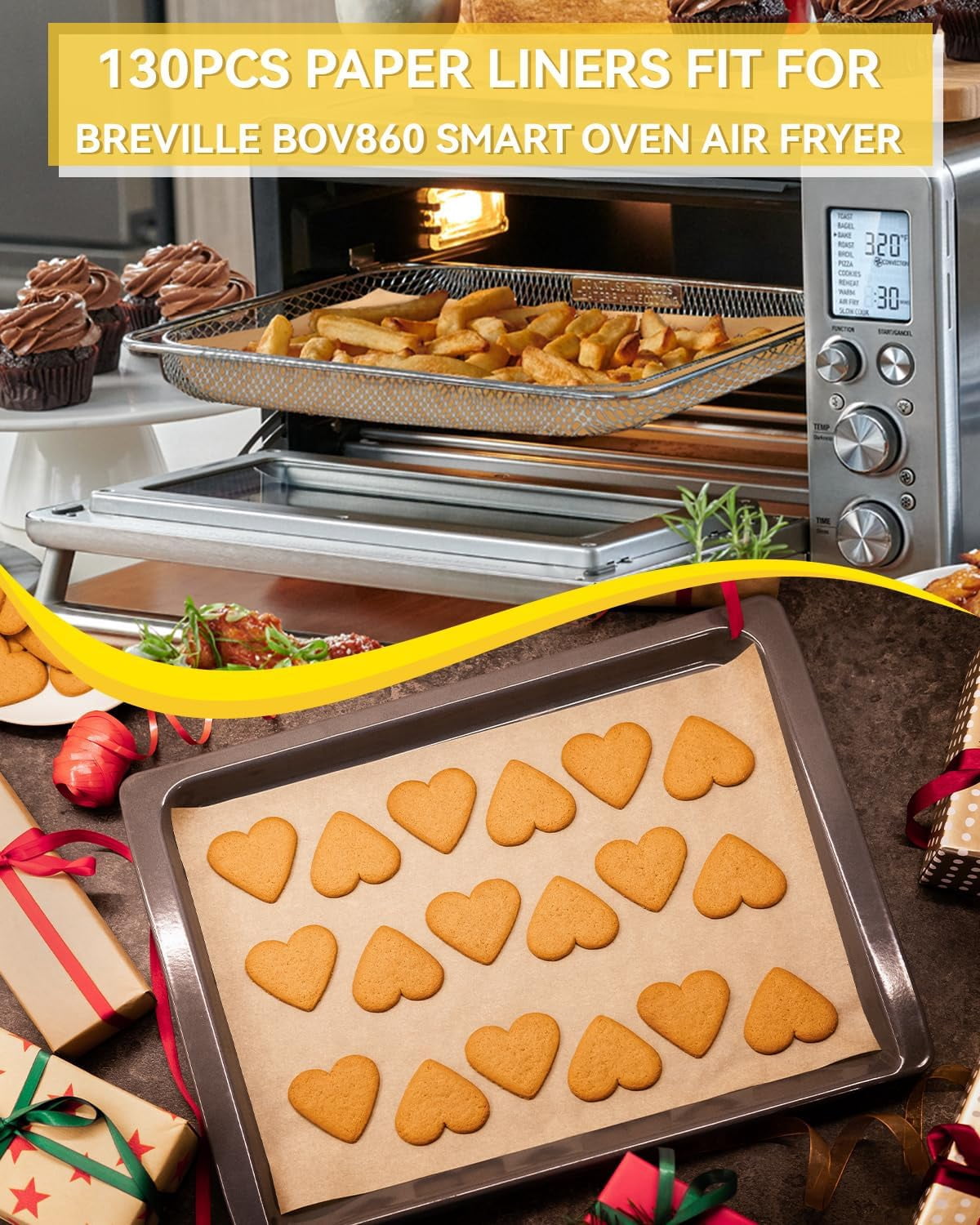 130PCS Air Fryer Liners Disposable Compatible with Breville Smart Convection Oven Air Fryer BOV860BSS, Parchment Paper Baking Sheets Accessories for Smart Oven BOV860-Series