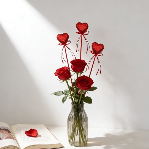 10Pcs Puffy Sparkly Heart on Sticks,Valentine's Day Glitter Heart Foam Picks,Valentines Day Floral Picks,Table Centerpiece Decoration Vase Wedding Crafts Stems Arrangement