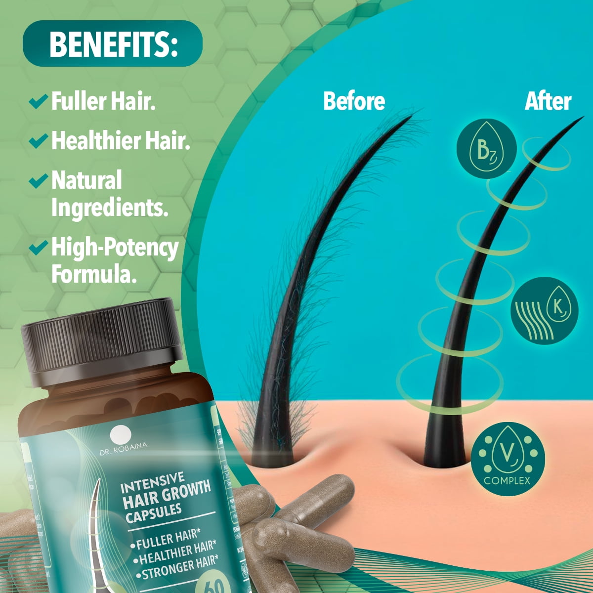 Dr. Robaina Intensive Hair Growth Supplement, 2000mcg Biotin & Keratin Veggie Capsules, 60 Count