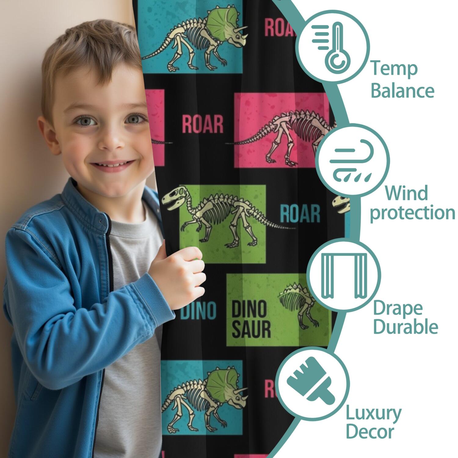 Blackout Kids Curtains,Black Cartoon Dinosaurs Skeletons Boxes Pattern Childrens Insulated Curtains Set Of 2,Bedroom Essentials,Toddler Room Decor 42"x84"