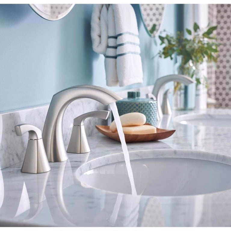 Moen Lindor Nickel Widespread Bathroom Sink Faucet 8-16in, Spot