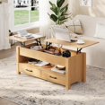 thumbnail image 1 of Table Basse à Plateau Relevable avec Rangement – Table Centrale de 47,2 Pouces, 2 Tiroirs, Compartiment Caché, Hauteur Réglable, Multifonctionnelle pour Salon/bureau à Domicile – Plateau en Bois – Couleur Bois Naturel, 1 of 8