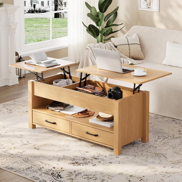 Table Basse à Plateau Relevable avec Rangement – Table Centrale de 47,2 Pouces, 2 Tiroirs, Compartiment Caché, Hauteur Réglable, Multifonctionnelle pour Salon/bureau à Domicile – Plateau en Bois – Couleur Bois Naturel