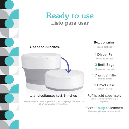 PurePail Hang It Diaper Disposal System – White, Odor Control for On–the–Go, Hang from Anywhere, Perfect for Car & Grandparents, Includes 1 Hang It + 5 Lavender Scented Refill Bags + 1 Travel Case