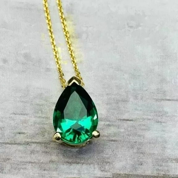 Women's 14K Yellow Gold Plated 2Ct Pear Cut Lab Created Green Emerald Solitaire Pendant Chain