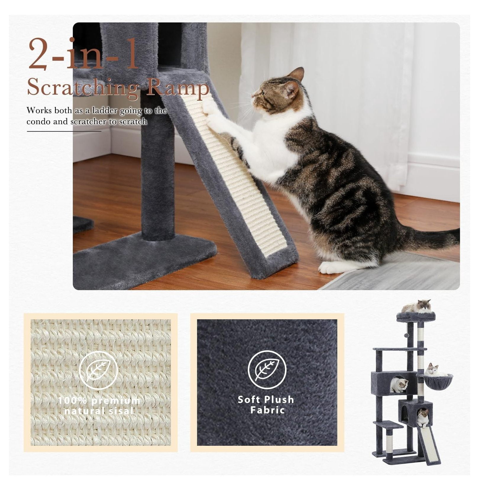 60'' Cat Tree Tower, Large Cat Condo with Scratching Posts & Hammock - Smoky Gray