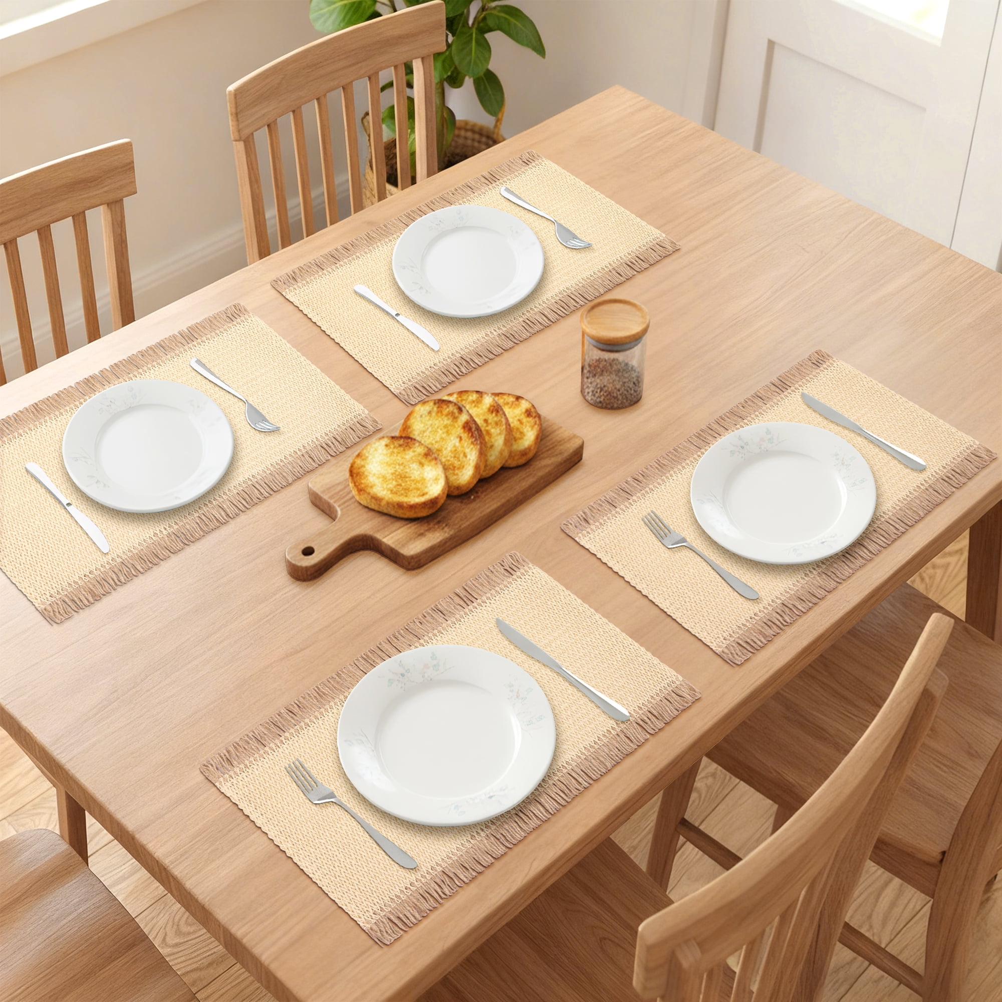 Unique Bargains 6pcs Woven Placemats with Tassels Beige 17.7"x11.8"