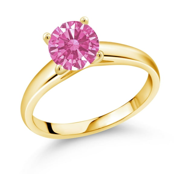 Gem Stone King 10K Yellow Gold Solitaire Ring Set with 7mm Round Pink Zirconia (Size 8)