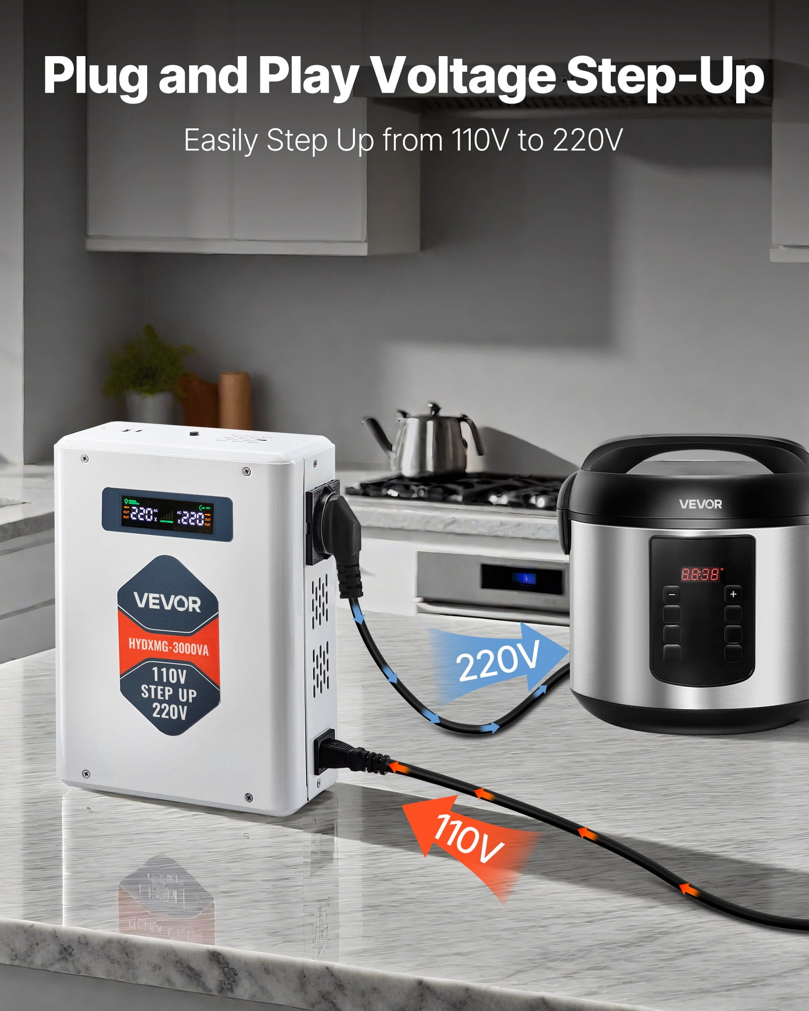 VEVOR Step Up Voltage Converter, 3000W, Heavy Duty Voltage Power Converter, 110V to 220V Power Transformer, with 2 EU Outlets, USB Output, LCD Display, Temperature Protection, for 220V Appliances