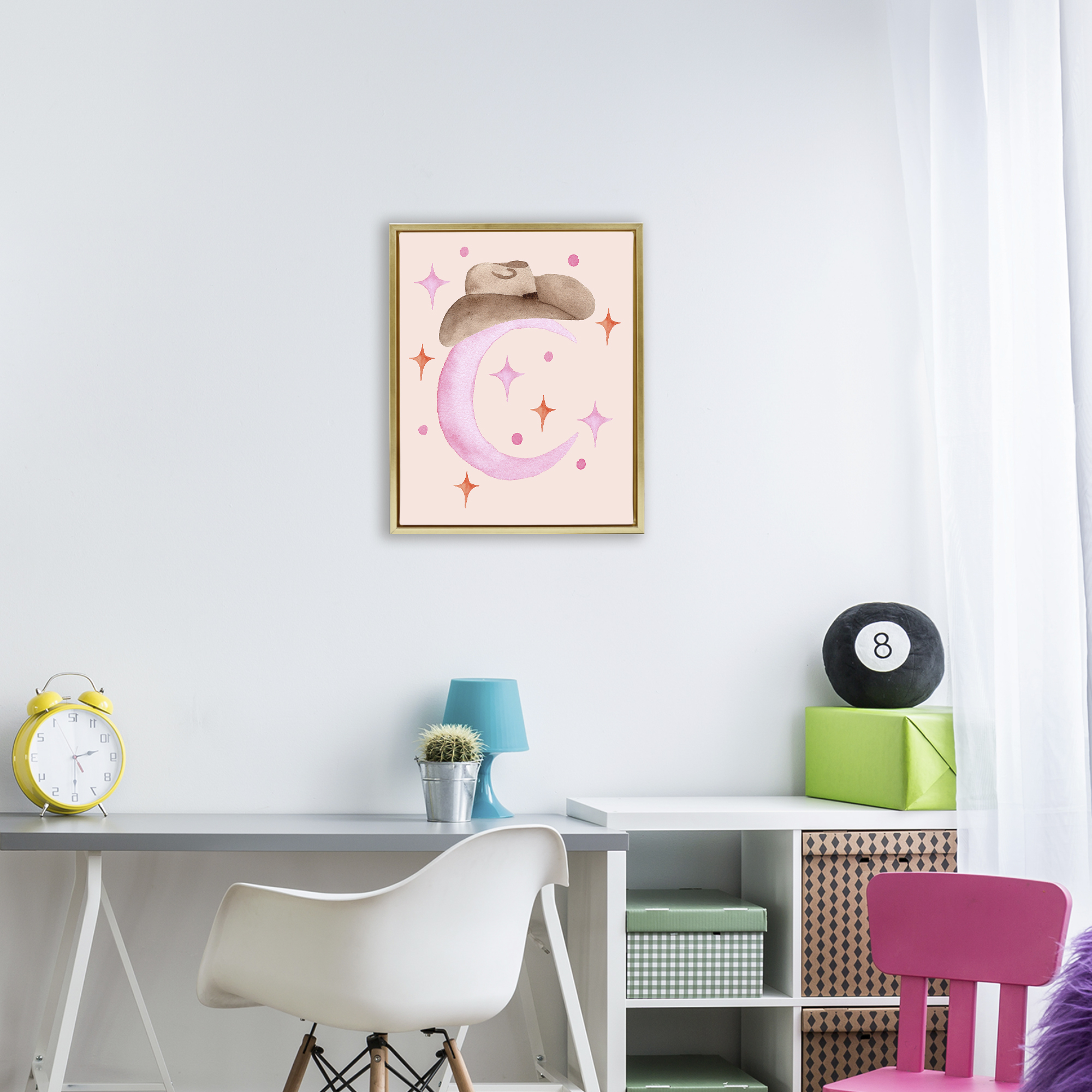 Moon Cowgirl Hat Gold Framed Floater Canvas Wall Art, design by Nina Jacobs
